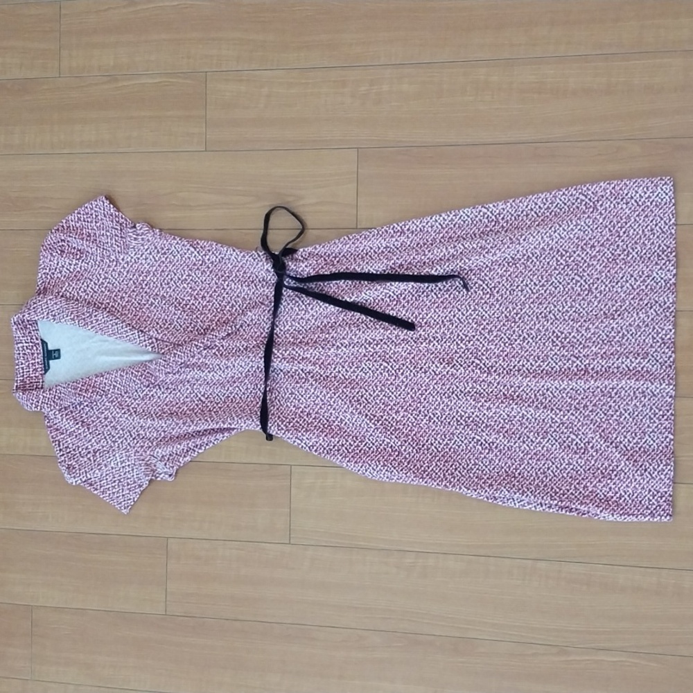 Banana Republic Pink Black Shaw Collar Wrap Midi Dress w/Velvet Belt Sz Size 4
